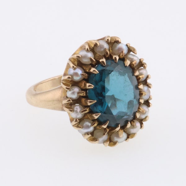 10k Yellow Gold Teal Topaz & Pearl Accent Estate Ring Size 3