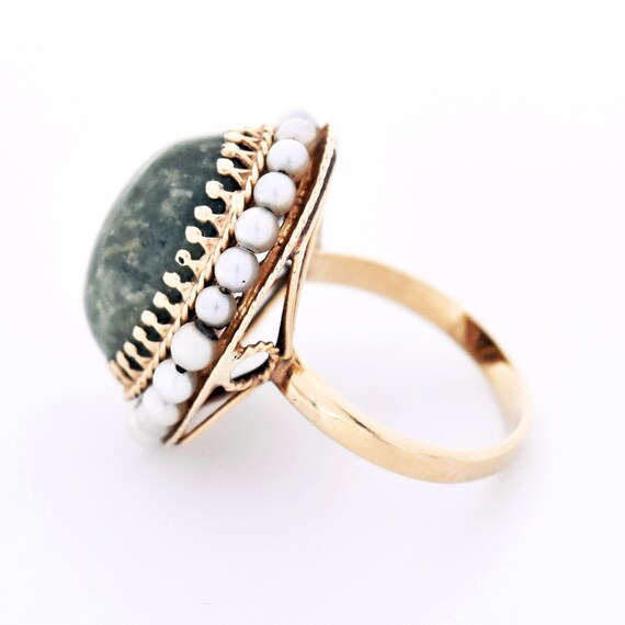 14k Yellow Gold Estate Green Moss Agate & Pearl R… - image 2