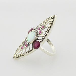 Sterling 925 Art Deco Style Filigree Marcasite Opal & Ruby Elongated Ring