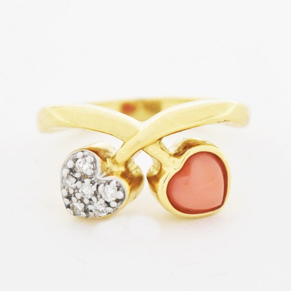 14k YG Estate Diamond & Coral Double Heart Love R… - image 1