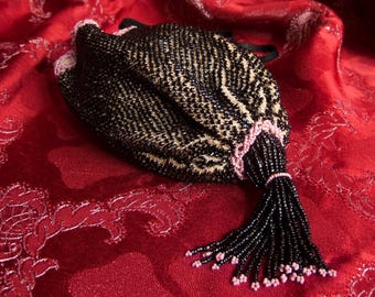 Impeccable antique Ridiculous. Handbag made of crochet and embroidered with glass beads. 19th century. Museum quality.
