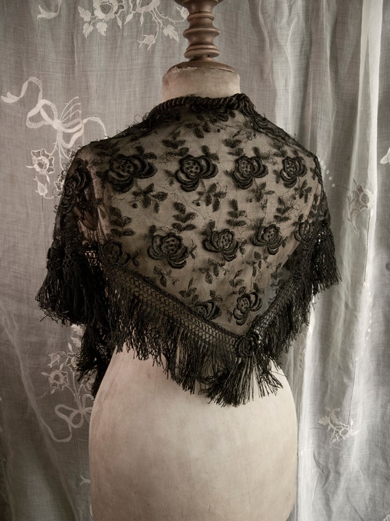 Old black embroidered tulle cape. 19th century. F… - image 1