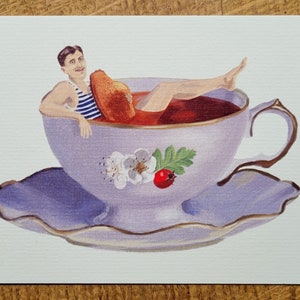 Illustration Marcel Proust dans sa tasse de thé, madeleine, du côté de chez Swann