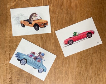 3 petites illustrations voitures anciennes Méhari MGB Renault Dauphine