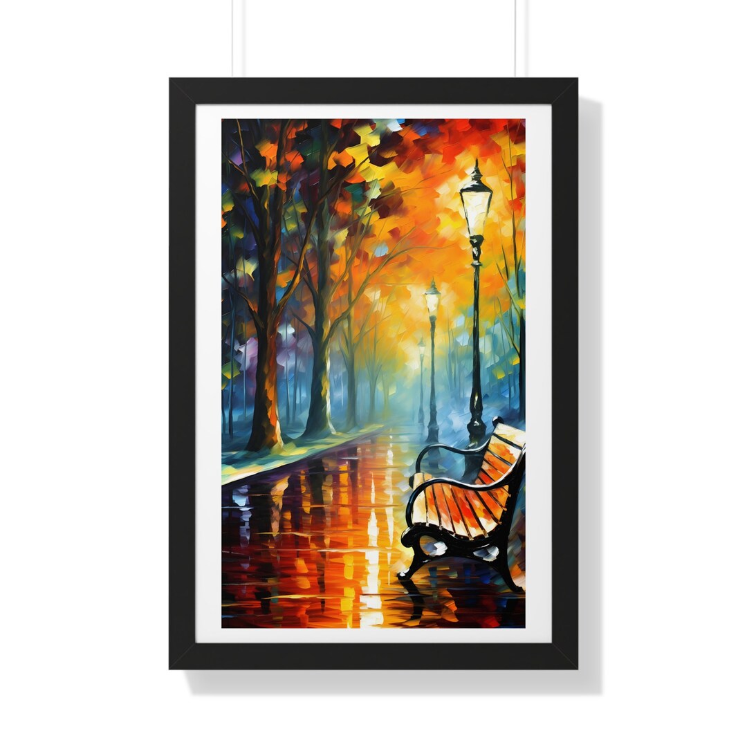 Framed Lonely Park Bench Vertical Poster Rainy Fall Colors Night Print ...