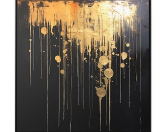 Black and Gold Abstract Expressionism Oil Painting Gallery Canvas Wrap with Square Walnut Wood or Black Frame 4 sizes