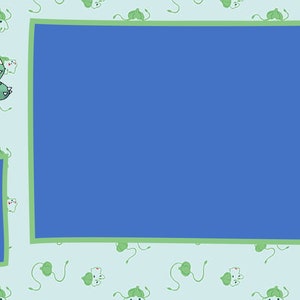 May include: A blue and green digital background with a cartoon image of a green Pokemon character in the top left corner. The background has a repeating pattern of green vines and small green Pokemon characters.