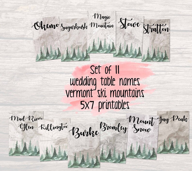 Vermont Mountain Print Set Ski Themed Wedding Table Number Etsy