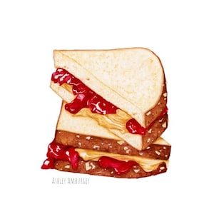 May include: Watercolor illustration of a peanut butter and jelly sandwich. The sandwich is stacked with two slices of bread, peanut butter, and red jelly. The artist's signature is at the bottom.