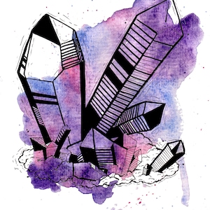 Ink and Watercolor Crystal Cluster Illustration print