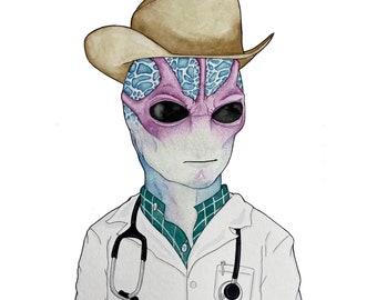 Alien doctor watercolor illustration print