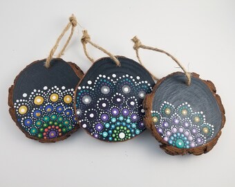 Necklace Chakra colours Unique Mandala designs Handpainted wood slice pendant Three wood slice layers Quirky Wooden Birthday gift.