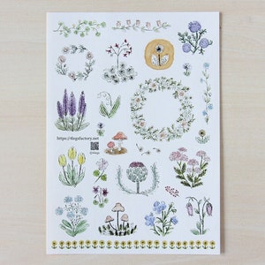 4 Legs Blumen Sticker Bogen, Blumenkranz Kiss-Cut Sticker Bogen, Tulpe, Lavendel, Pilz, Künstler Illustrierter Planer und Journal Aufkleber