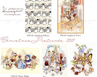 Krimgen Christmas 2021 Postcards Set, Angels, Christmas, Holidays, Artist Illustrated Post Card for Snail Mail, Vintage Girls Greeting Card