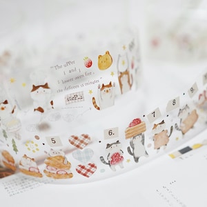 Cat&#39;s Afternoon Tea Time Clear Tape Roll, Kitty Washi Tape, Kawaii Stationary, Kitten Bakery, Dessert, creative journal