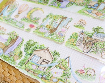 Cinta adhesiva de ensueño sin fin, Washi de paisaje de jardín extra ancho y cinta transparente PET, autocaravana, pegatina de diario de castillo rural