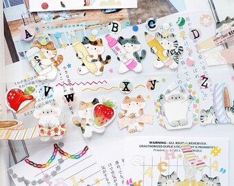 Miauw briefpapier afplakband, Kitty thema briefpapier Washi en PET-tape, kittenpotlood, krijt, decoratieve stickertape voor dagboek