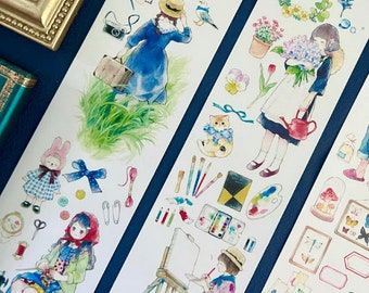 美しい日の和紙とPETテープ、ピクニック、絵画、女の子のイラストのマスキングテープ、日記やプランナー用の田舎の装飾テープ