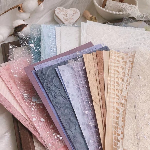 Gemengd papier, diverse kleuren katoen, crêpe, moerbei, kant, tissue, decoupagepapier voor scrapbooking, junkjournal, vintage journal