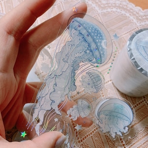 Starlight Jellyfish-afplaktape, origineel ontwerp Mirage Museum, holografische washi-tape en PET-tape voor dagboek, plannersticker