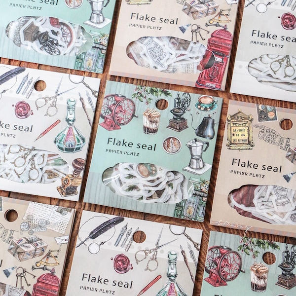 LCN x Papier Platz Sticker Flakes Pack, Stationery, Coffee, Stamp Washi Die-Cut Stickers Pack, Stickers for creative journal and Planner
