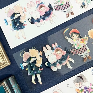Tape Girl Masking Tape, Original Girls Illustration Washi and PET Tape, Extra Large Deco Tape for Journal and Planner, Kawaii Stationery