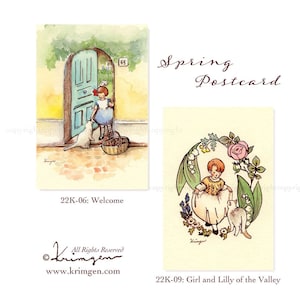 Conjunto de cartões postais Krimgen Primavera 2022 B, Bem-vindo, Cartão postal ilustrado pelo artista para correio tradicional, Lírio do vale, Cartão comemorativo para meninas vintage