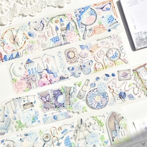 Planetarium Masking Tape, XL Castle and Butterfly Washi and PET Tape, Blue Palette Sticker Tape for Creative Journal and Planner