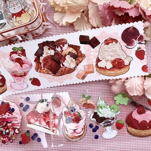 Illustratie snoepjes afplakband, extra brede doorzichtige washi- en PET-tape voor desserts, aardbeientaart, afternoon tea, cupcake