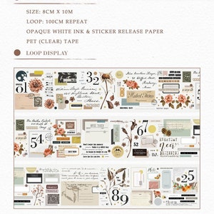 Puede incluir: Un conjunto de cinta washi decorativa con diseños florales, números y texto. La cinta tiene 8 cm de ancho y 10 m de largo. La cinta está impresa en papel blanco opaco con un respaldo de cinta PET transparente.