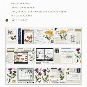 テープサンプル、Mooka Studio Botanical Studies Field Notes PET テープサンプル、ビンテージ植物学イラストコラージュマスキングテープ、花柄、キノコ