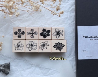 Set of 8 Flowers Ligneous Stamps, Yolanda Design, Floral Ligneous Stamps, Cherry Blossom, Hydrangea Stamps for Scrapbook, Journal