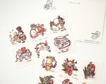 May include: A set of 10 illustrated stickers featuring adorable bears, bunnies, and children. The stickers are printed on white paper with a light brown background. The stickers are perfect for adding a touch of whimsy to your journals, planners, or other craft projects.