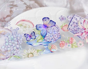 Candy Gem Flower Tea PET Tape, Butterfly and Hydrangea, Watercolor Floral Holographic Masking Tape, Valentine's Day Sticker
