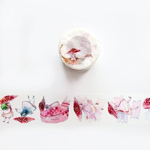 Fita Washi de meninas de cogumelo, fungos, agaric de mosca, rolo de fita Washi de ilustração de meninas, fita adesiva botânica, fita decorativa