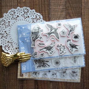 Birds and Flowers Acrylic Stamp Set, Sunflower, Nature, Floral Themed Stamps for creative journal, Plants Clear Stamps