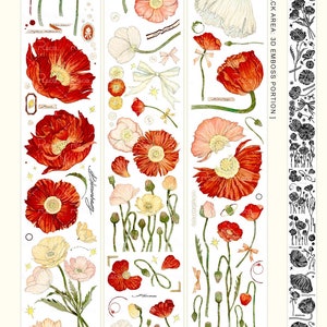 Musterstreifen, rote und weiße Mohnblumen Masking Tape, Reco Studio, Aquarell Blumen Kunst dekoratives Aufkleberband für Planer und Journal