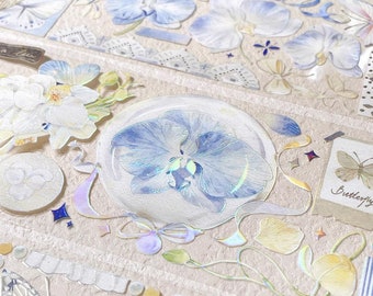 Blue Butterfly Orchid Masking Tape, Extra Wide Illustration PET Tape, Floral Clear Tape, Decorative Sticker Tape for Journal