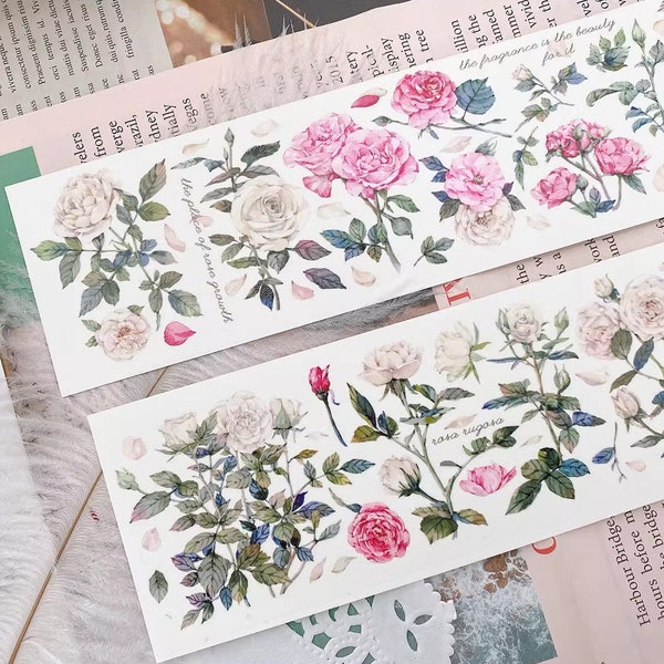 Rosen Masking Tape, rosa und weißes Rose Washi und PET Tape, Floral, Blumen Dekoratives Aufkleber Tape für Journal, Planner, Scrapbook