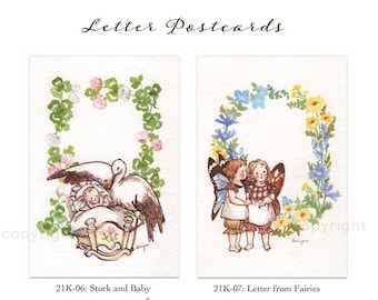 May include: Two watercolour illustrations on postcards. The first postcard features a stork delivering a baby in a cradle surrounded by a wreath of clover. The second postcard features two fairies with butterfly wings standing in a wreath of flowers. Both postcards have the text "Kringen" and "All Rights Reserved" at the bottom.