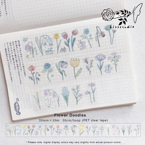 Flower Doodles Masking Tape, Floral Washi and PET Tape, Tulip, Daisy, Light Vintage Masking Tape for Planner, Journal