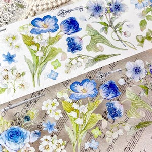 Mercury Blues Sticker Tape, Blue Flowers Washi and PET Kiss-Cut Sticker Tape, Tulip, Rose, Lily of The Valley Tape for Journal and Planner