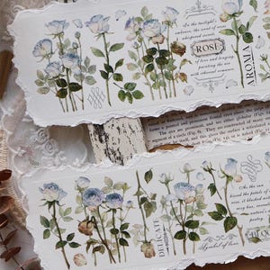 Winter Rose Masking Tape, Blue Rose Flowers Washi and PET Tape, Floral Decorative Tape for Journal, Planner, and Scrapbook