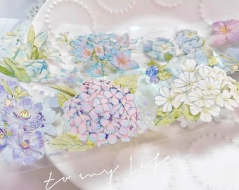 Hakiso Cloud Realm Tape, Blue and Green Hydrangea Flower Holographic Masking Tape, Bell Flower, Floral Journal Sticker