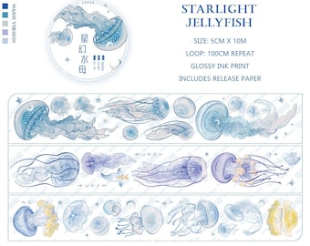 Tape Sample, Starlight Jellyfish Washi and PET Tape Sample, Marine Animals Sticker Masking Tape, Holographic Decorative Journal Sticker