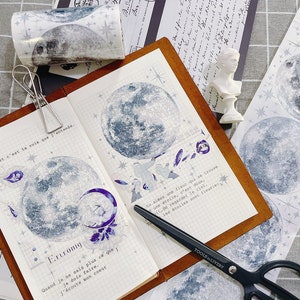 Extra brede maan gezicht illustratie washi tape, maan fase, maan illustratie, Mirage Studio masking tape, XL Galaxy Washi tape voor journal