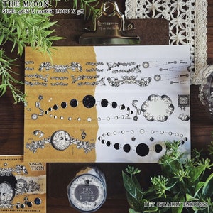 Kiyoko Studio-afplaktape, PET-tape donkere fantasie, maanstanden, vintage label, frames, zwart-wit ontwerp collage stickertape
