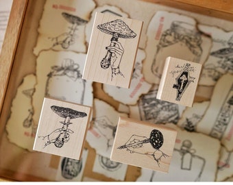 Mushroom Collector Wooden Stamp Set B, Hand and Mushroom, Original Design Large Fungi Rubber Stamp, Mycology