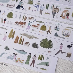 Fita adesiva para washi tape Wanle Studio At the Park, fita adesiva para mascarar ilustração de floresta de pinheiros, casa na árvore, caminhada, diário de atividades ao ar livre