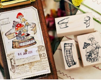 Mushroom Collector Wooden Stamp Set E, Mushroom Collection, Original Design Large Fungi Rubber Stamp, Bunny, Mycology